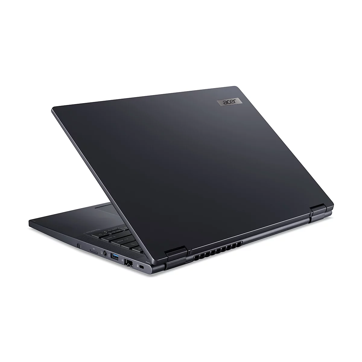 Schwarzer Laptop von Acer. Das Gerät ist teilweise geöffnet und vor weißem Hintergrund platziert. Auf der Oberseite ist ein Acer-Logo zu sehen.