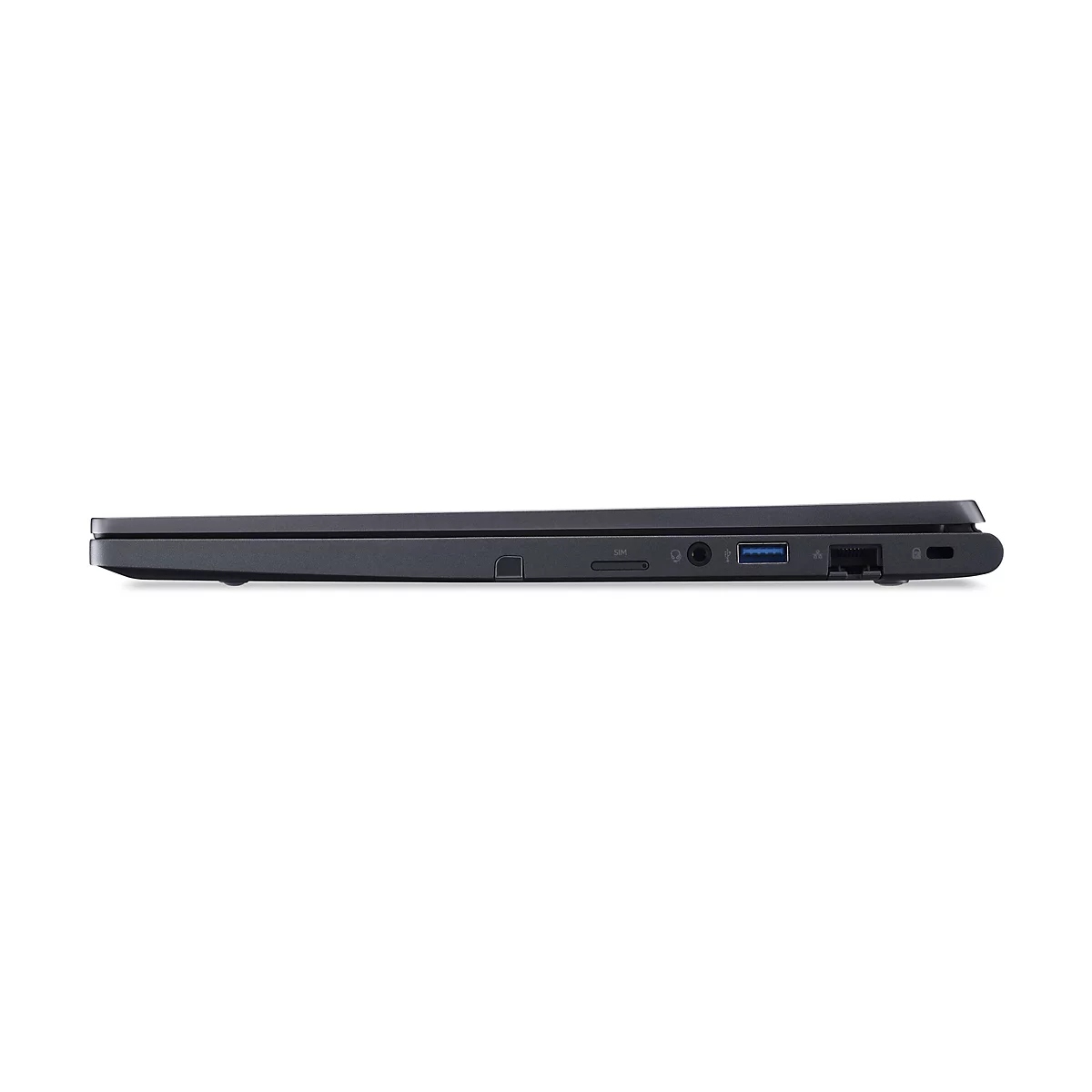 Dunkelgrauer Laptop, seitlich gesehen, mit Anschlüssen wie USB und Kopfhöreranschluss.