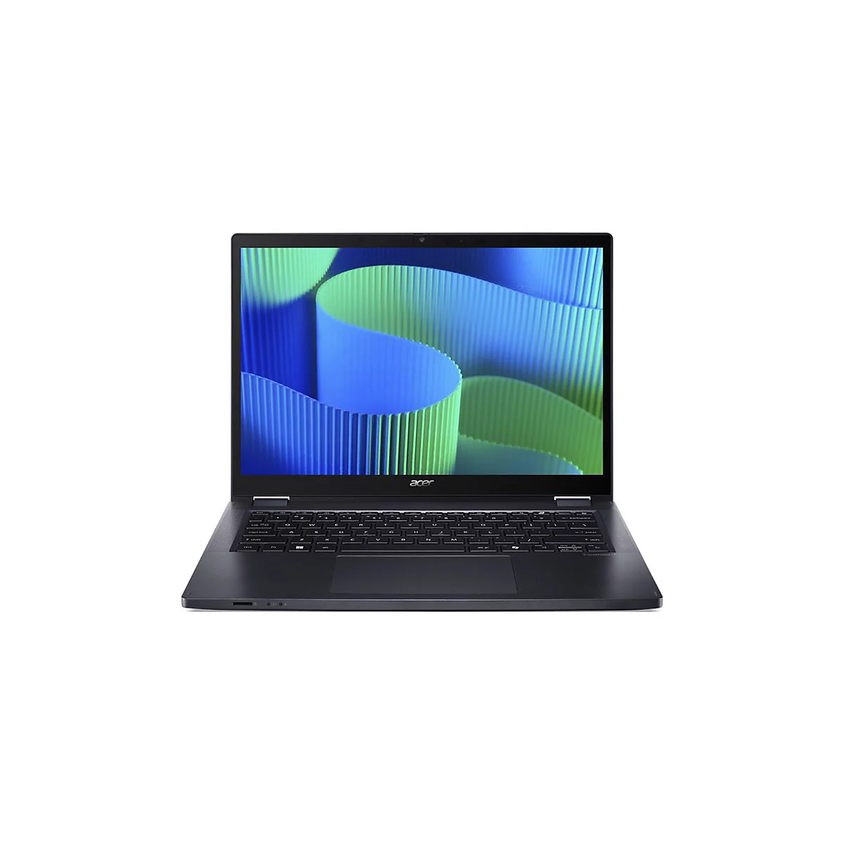 Dunkelgraues Acer Laptop mit geöffnetem Display, auf dem blaue und grüne Wellen zu sehen sind.