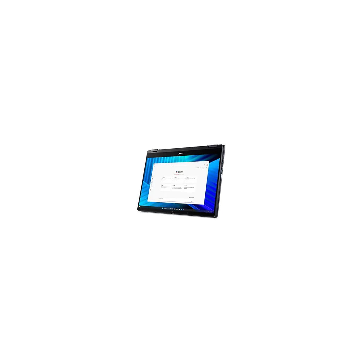 Schwarzes Acer 2-in-1-Laptop auf weißem Hintergrund. Der Bildschirm zeigt ein Copilot-Menü. Der Laptop ist leicht geneigt.