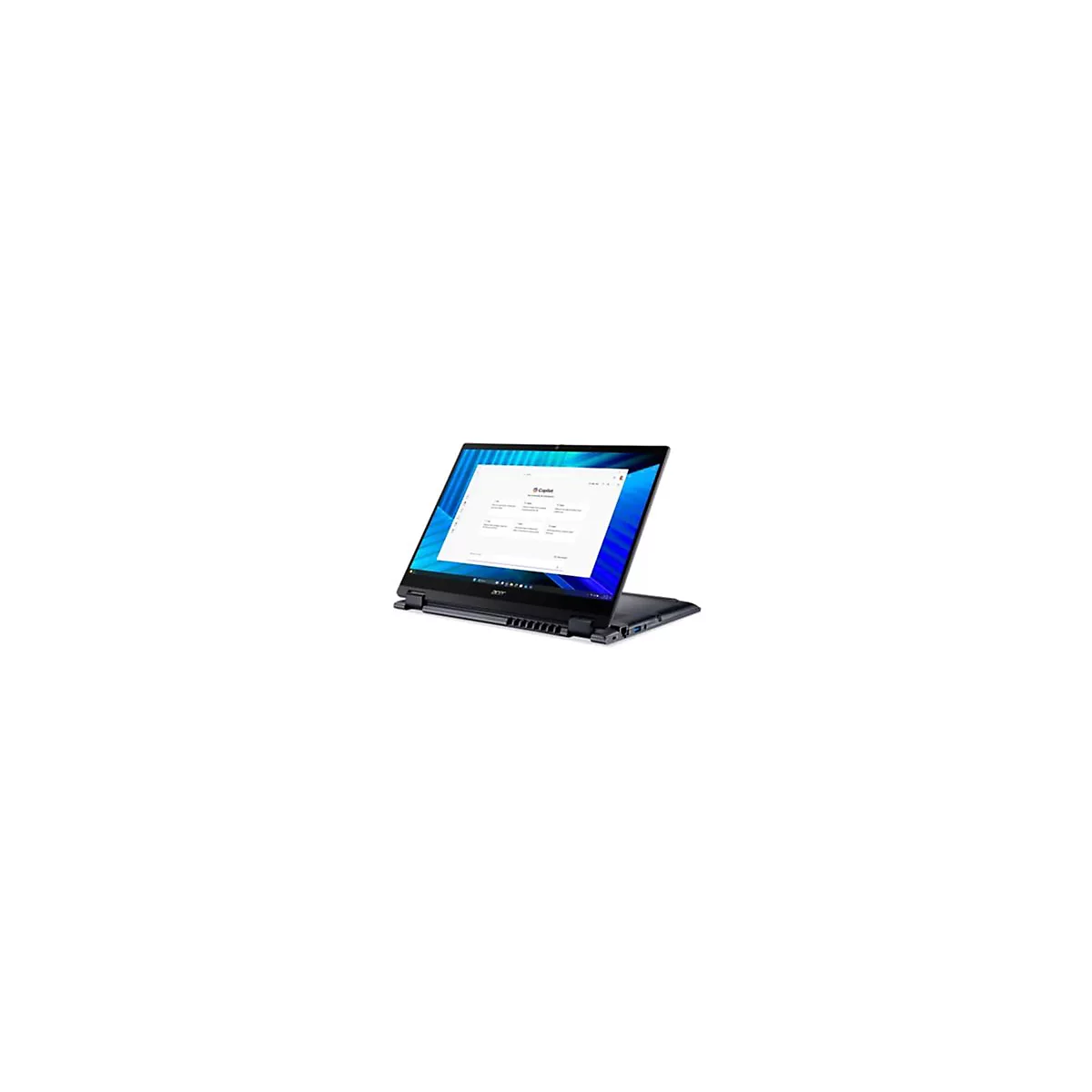 Schwarzer Laptop von Acer, geöffnet mit Capilet-Anwendung. Bildschirm mit blauen und weißen Hintergründen. Der Laptop ist leicht geneigt.
