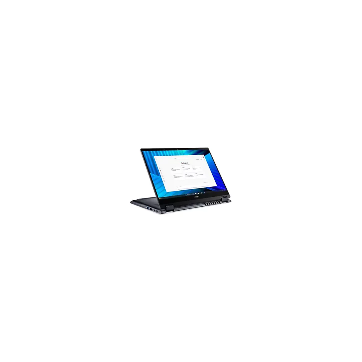 Schwarzes Acer Laptop, geöffnet, Bildschirm zeigt ein Dokument.