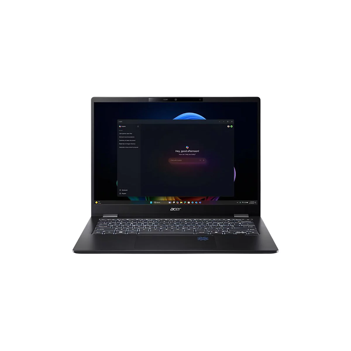 Schwarzes Acer Notebook im geöffneten Zustand. Auf dem Bildschirm wird eine App-Oberfläche mit Text und Chat-Fenster gezeigt.