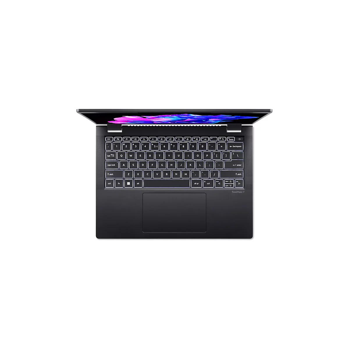 Draufsicht eines schwarzen Acer TravelMate Laptops mit beleuchteter Tastatur und großem Touchpad.