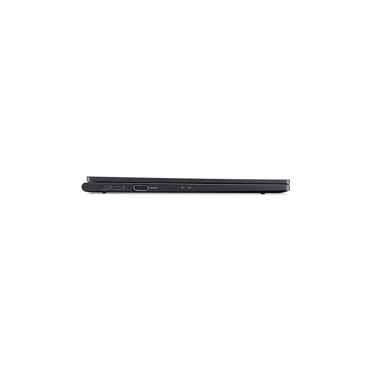 Seitenansicht eines flachen, schwarzen Laptops mit zwei USB-C-Anschlüssen, einem HDMI-Port und Status-LEDs.