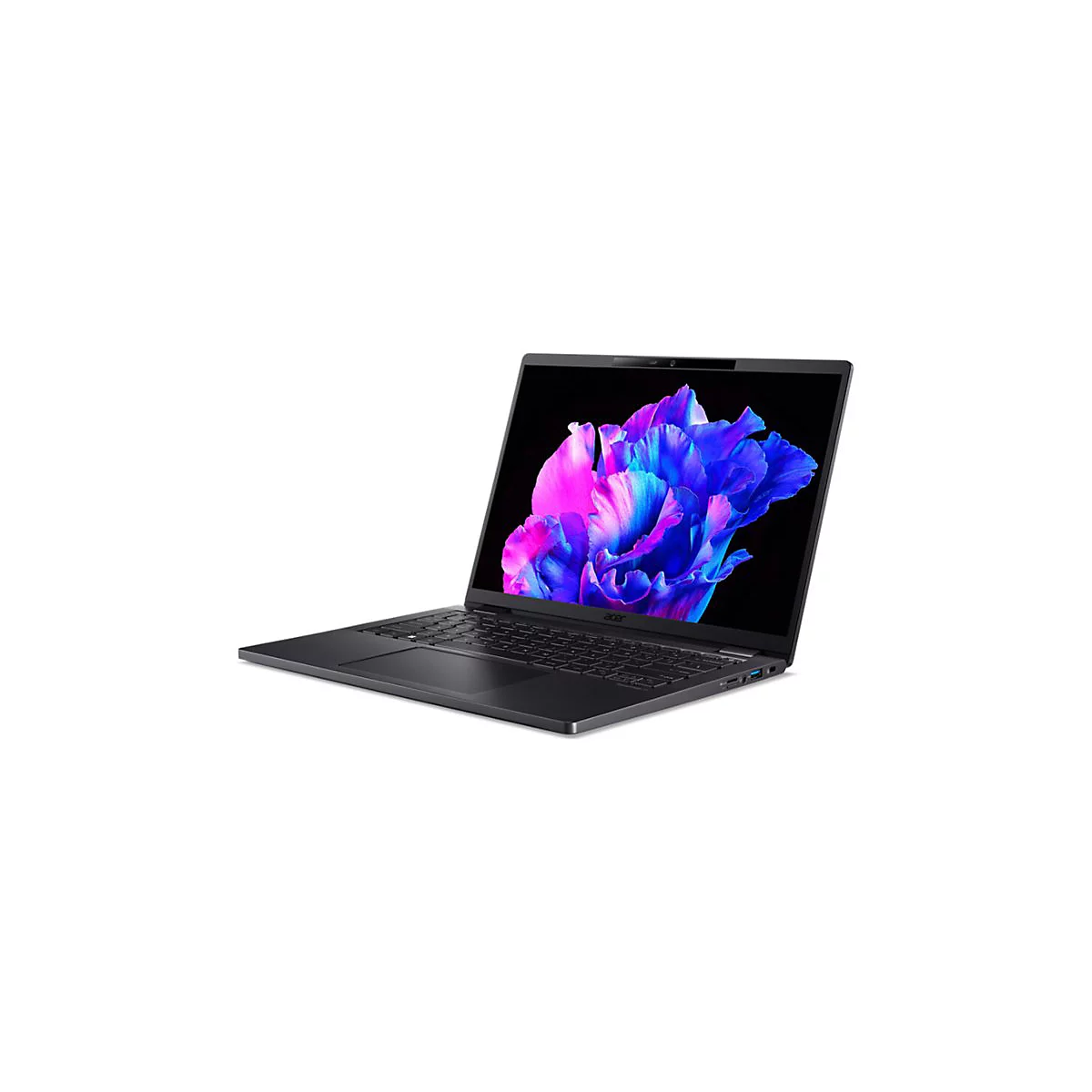 Schwarzes Acer-Notebook in Seitenansicht vor weißem Hintergrund mit farbenfrohem Blumen-Hintergrundbild.
