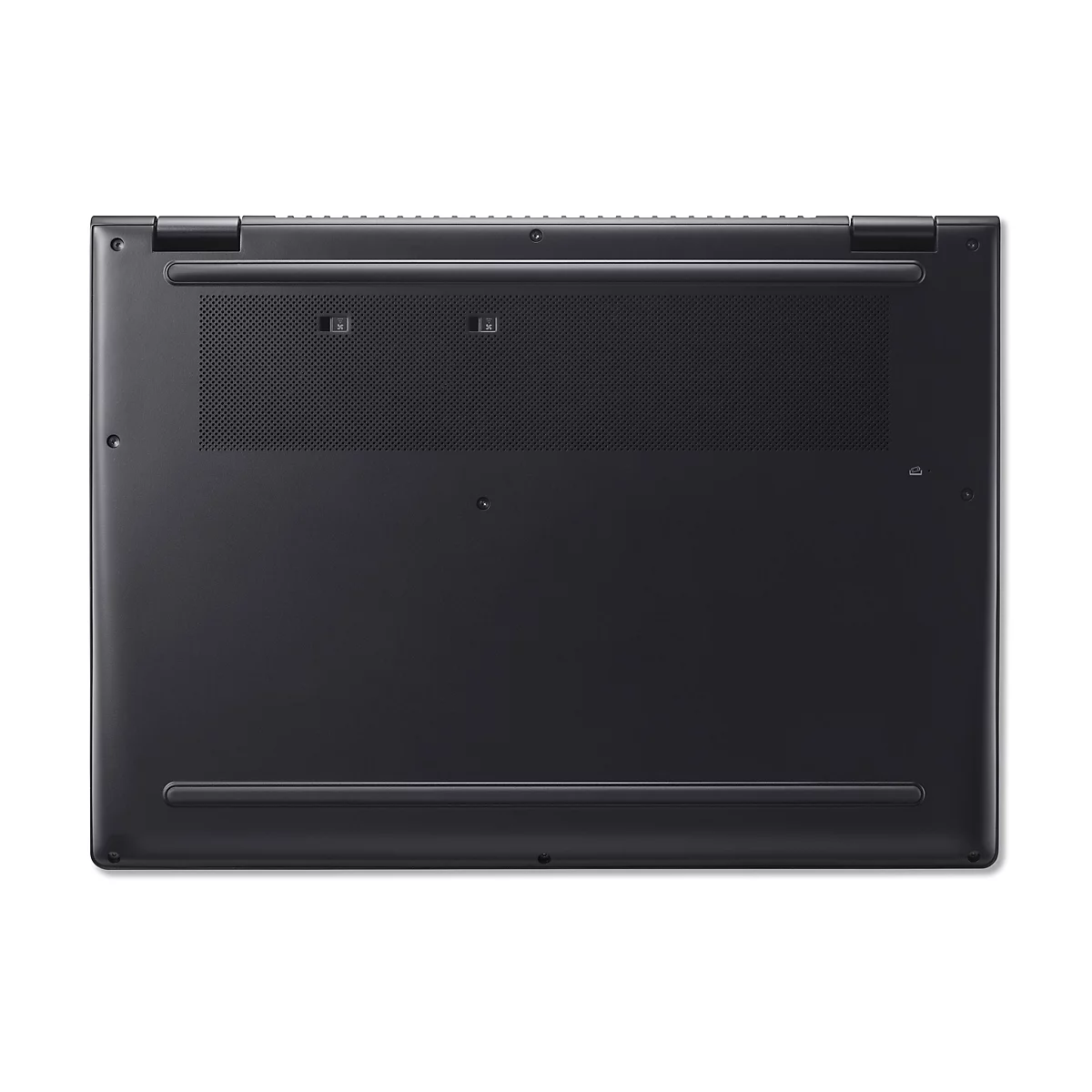 Dunkelgraues Laptop-Gehäuse von unten, Lüftungsgitter, Schrauben sichtbar.