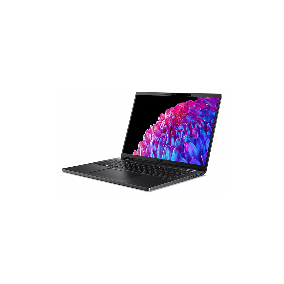 Dunkelgraues Laptop, Display mit farbigem Muster, auf weißem Hintergrund.