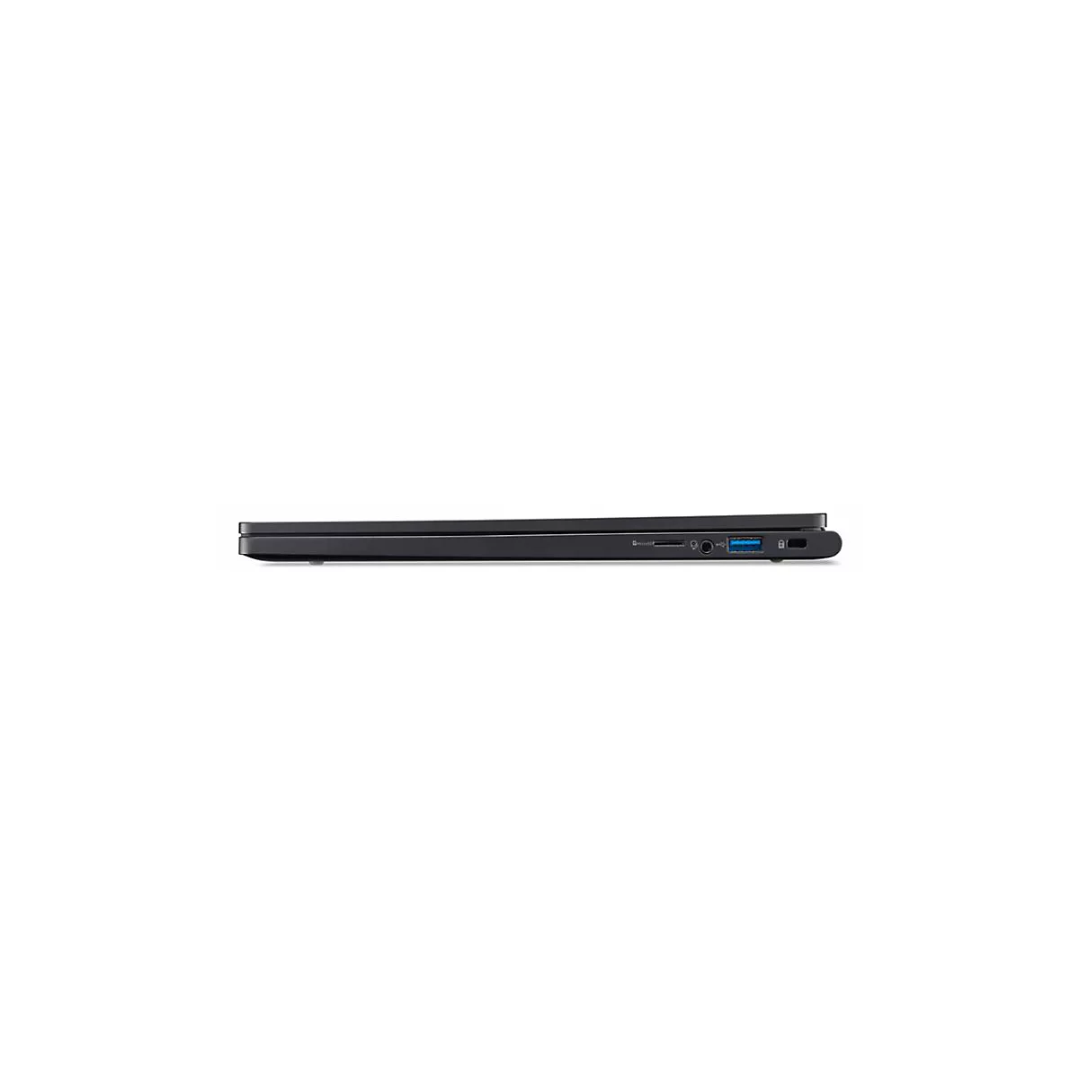 Schwarzes Laptop von der Seite. USB-Anschluss, Kopfhöreranschluss, SD-Kartenslot sind zu sehen.