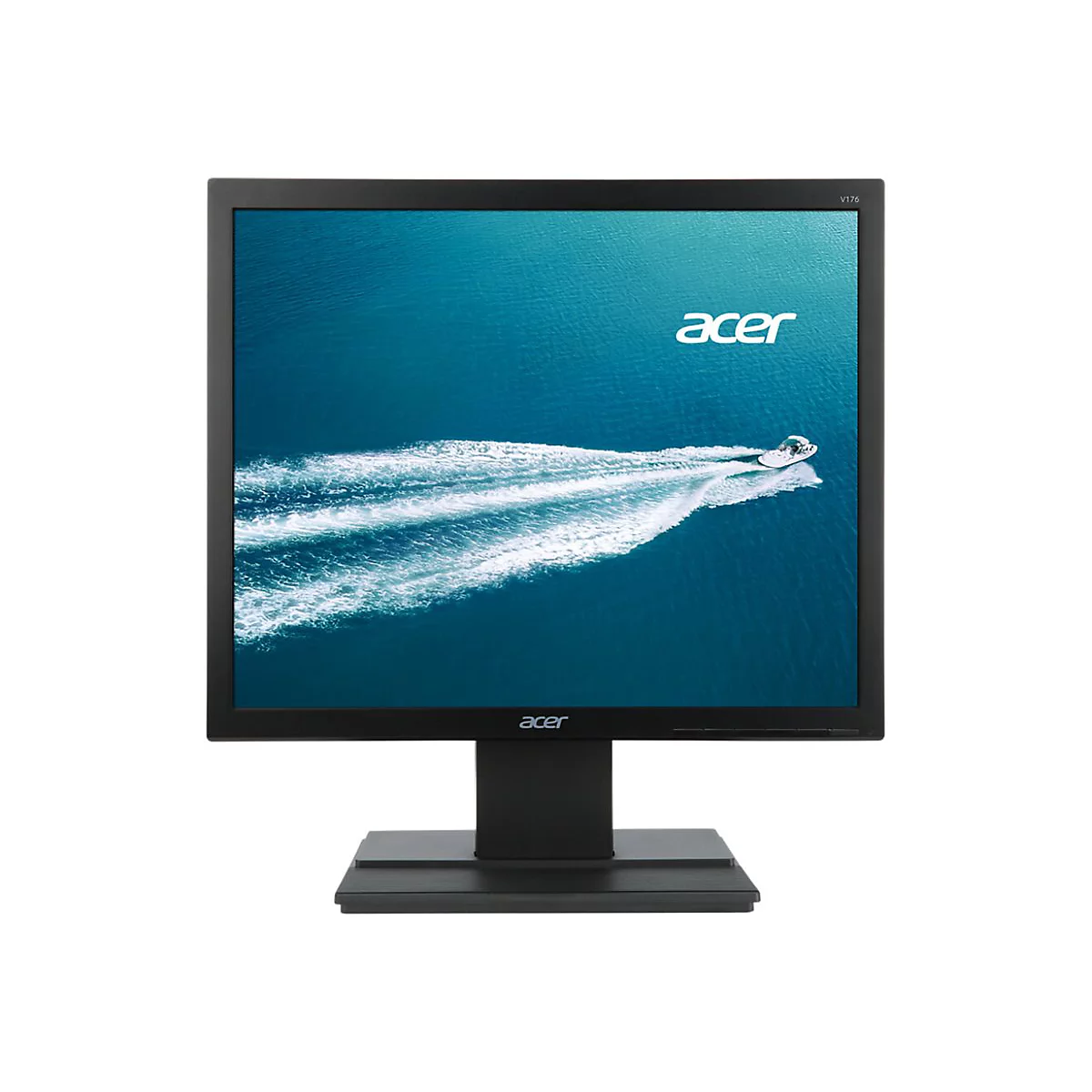 Schwarzer Acer Monitor mit Standfuß, zeigt ein blaues Meeresbild mit einem Boot auf dem Display.