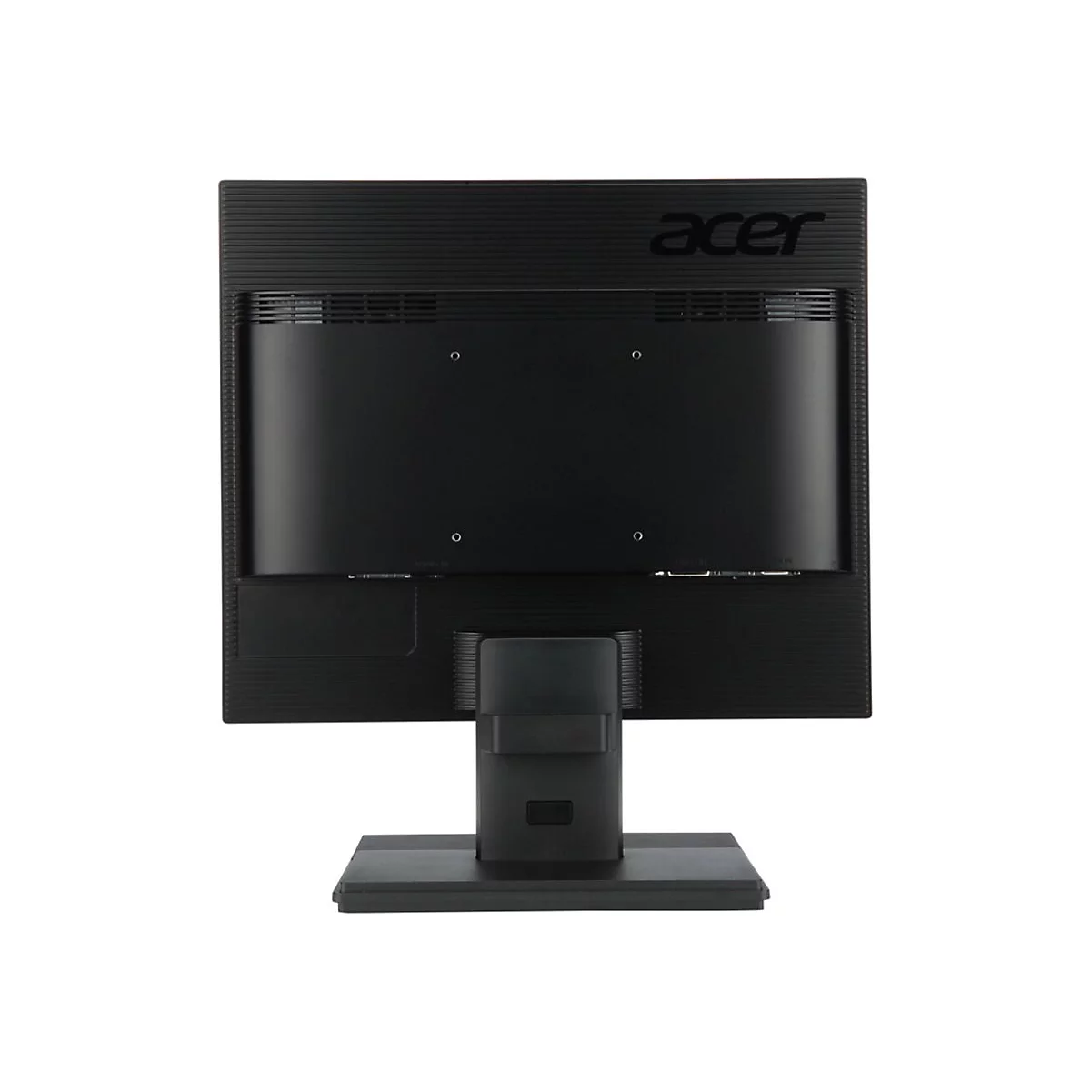 Rückseite eines schwarzen Acer-Monitors mit Standfuß vor weißem Hintergrund.