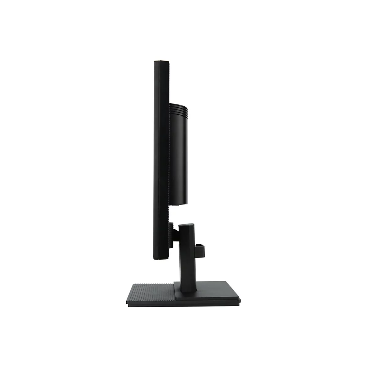 Seitliche Ansicht eines schwarzen Computerbildschirms auf einem Standfuß vor weißem Hintergrund.