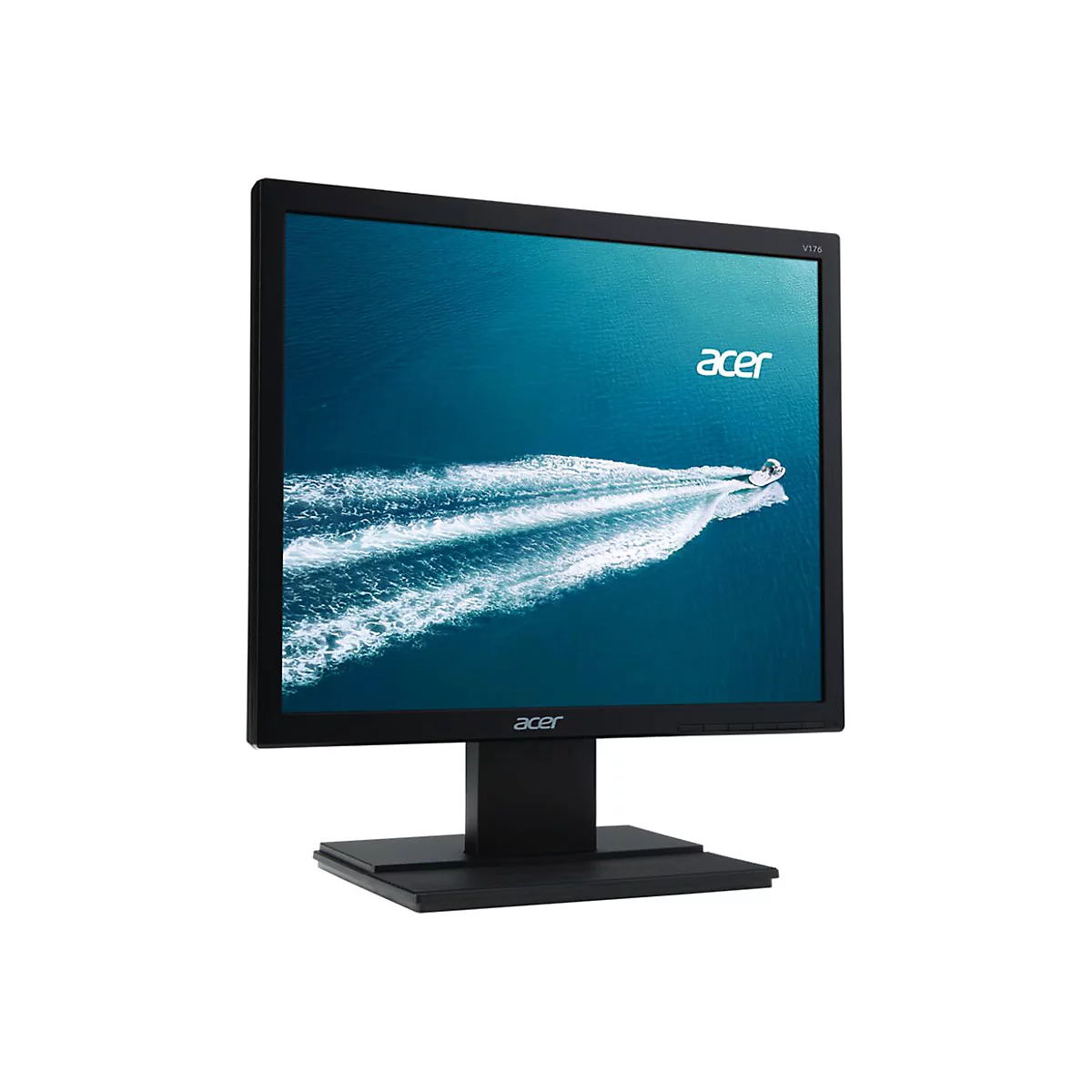 Schwarzer Acer V176 Computermonitor mit Bild eines Bootes auf dem Display vor weißem Hintergrund.