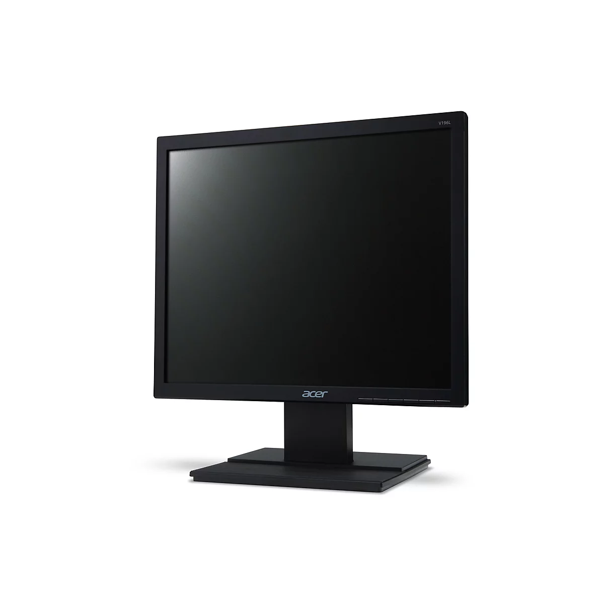 Schwarzer Acer V196L Monitor vor weißem Hintergrund.