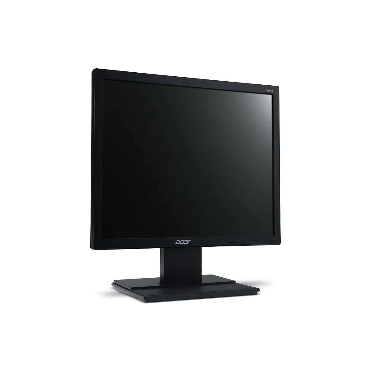 Schwarzer Acer V196L Monitor vor weißem Hintergrund.