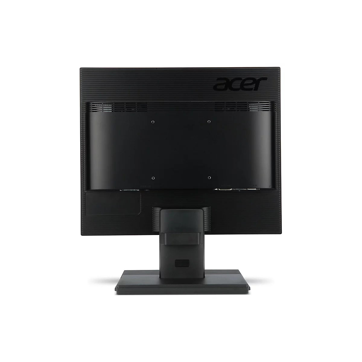 Rückseite eines schwarzen Acer-Monitors mit Standfuß vor weißem Hintergrund.