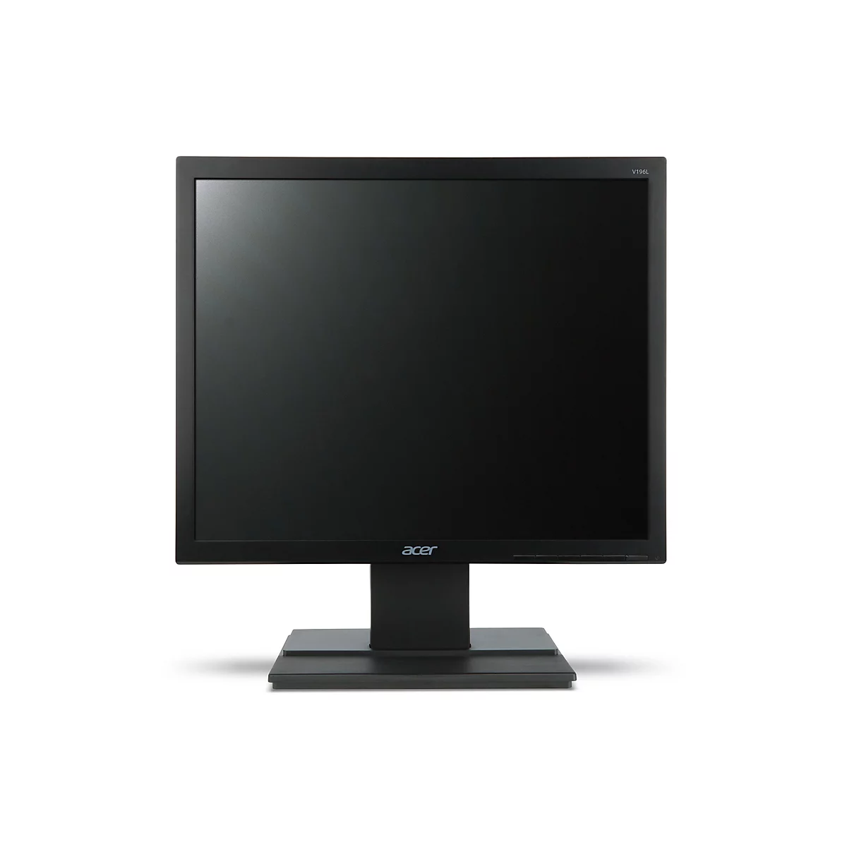 Schwarzer Acer V196L Monitor vor weißem Hintergrund.