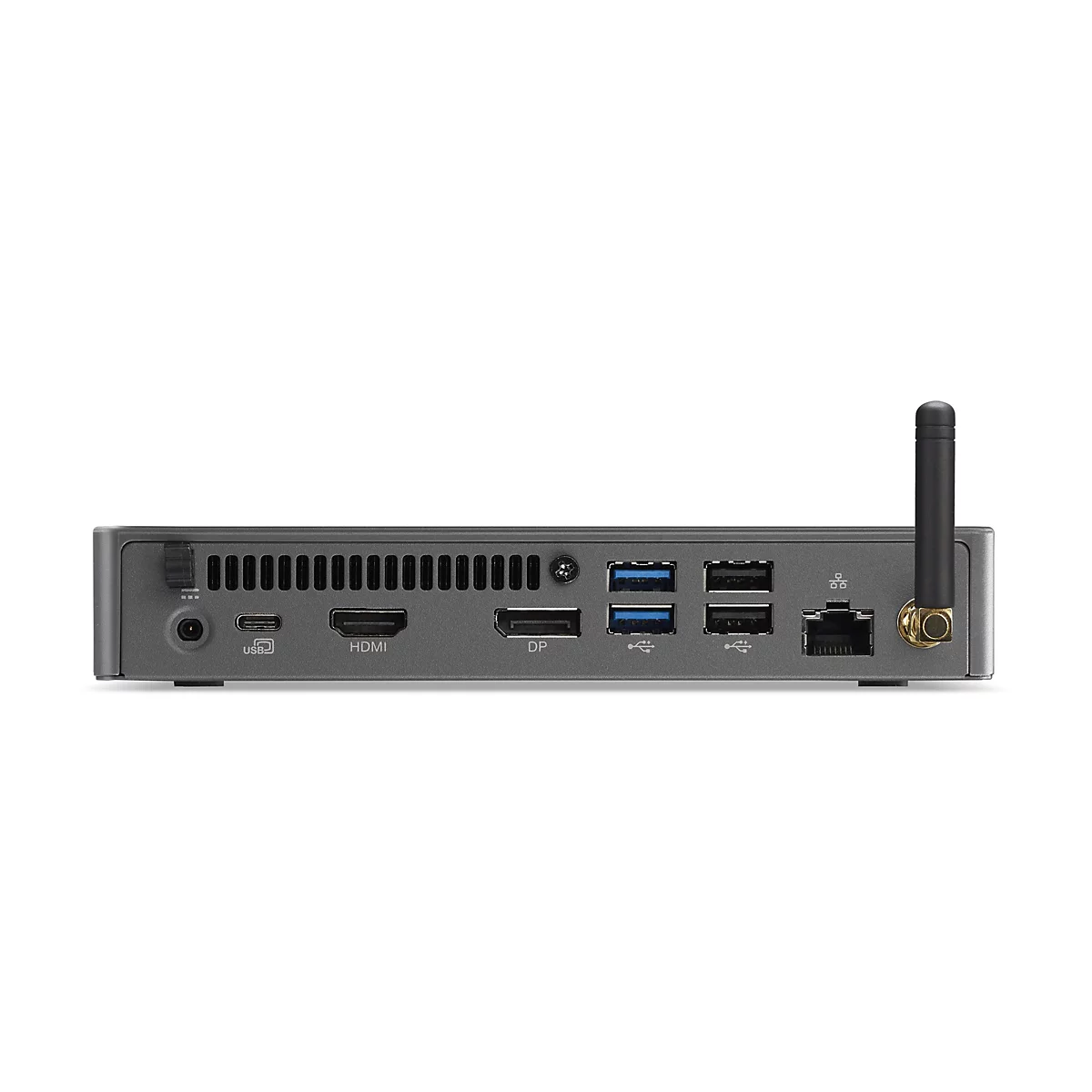 Grauer Mini-PC mit Anschlüssen, u.a. USB, HDMI, DP und Antenne.