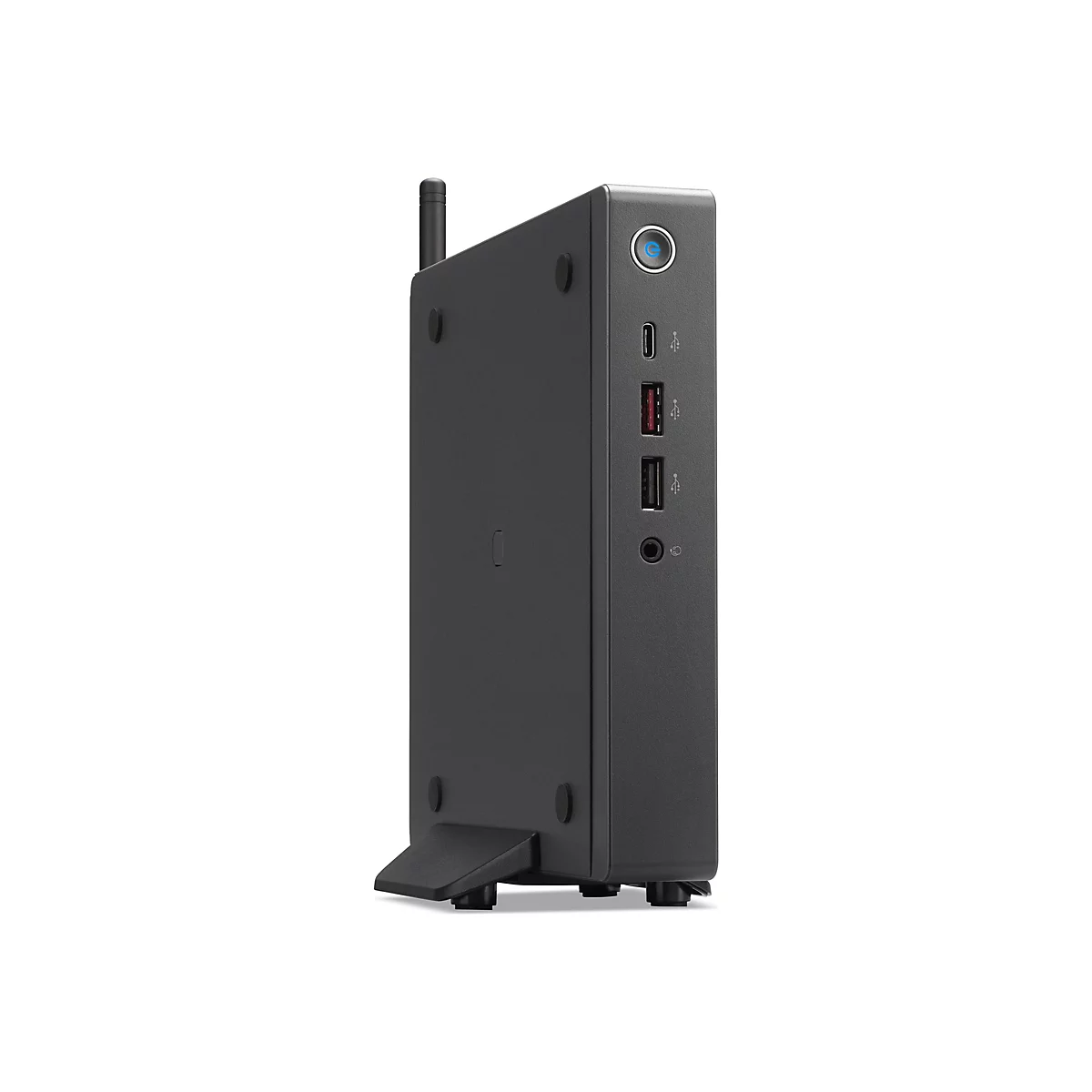 Schwarzer Mini-PC mit Antenne, USB-Anschlüssen, Audioanschluss und Ein-/Aus-Taste.