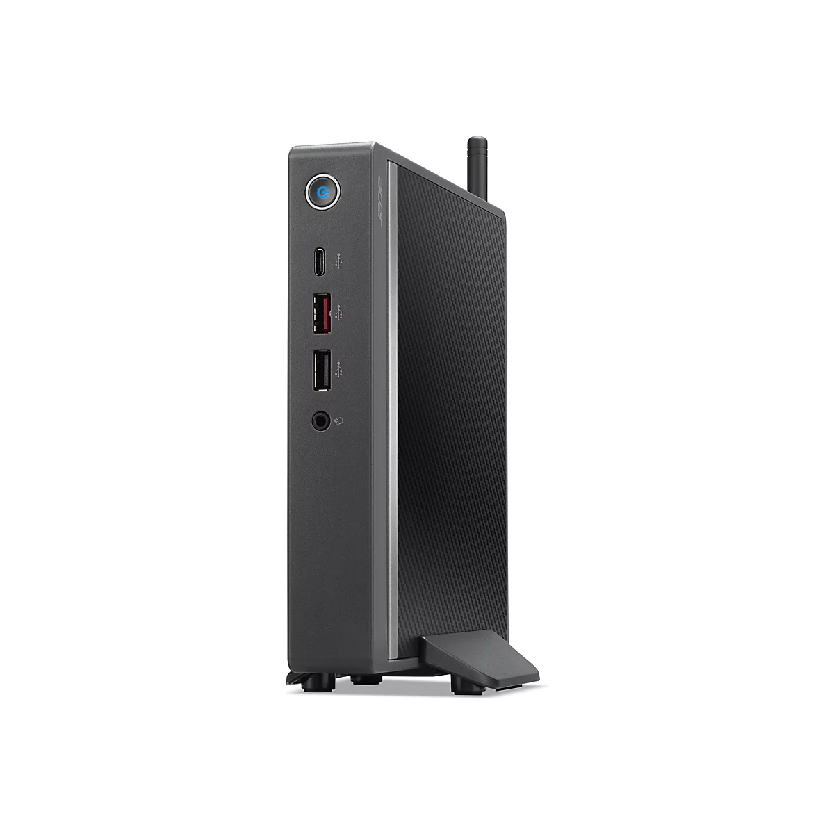 Schwarzer Mini-PC, stehend, mit Ports und Antenne.