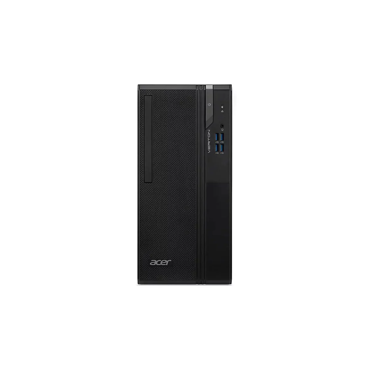 Schwarzer Acer Veriton Desktop-PC. Auf der Vorderseite befinden sich das Acer Logo und Öffnungen für Anschlüsse.