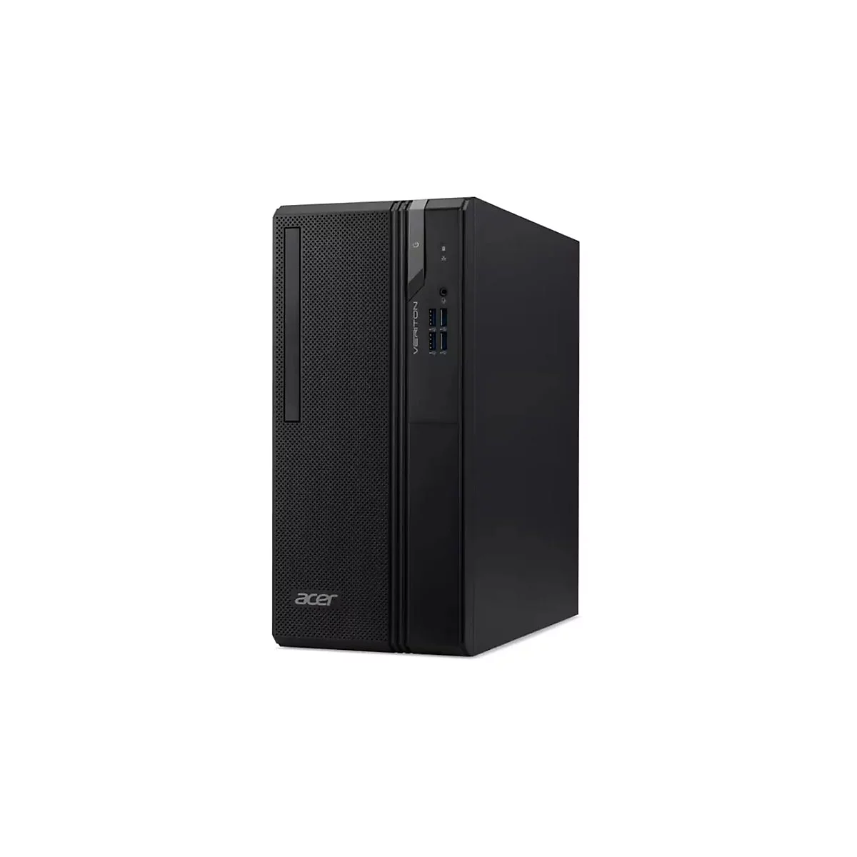 Schwarzer Acer-Desktop-PC. Vertikale Ausrichtung, Frontansicht, perforierte Frontblende, USB-Ports, Veriton-Logo.