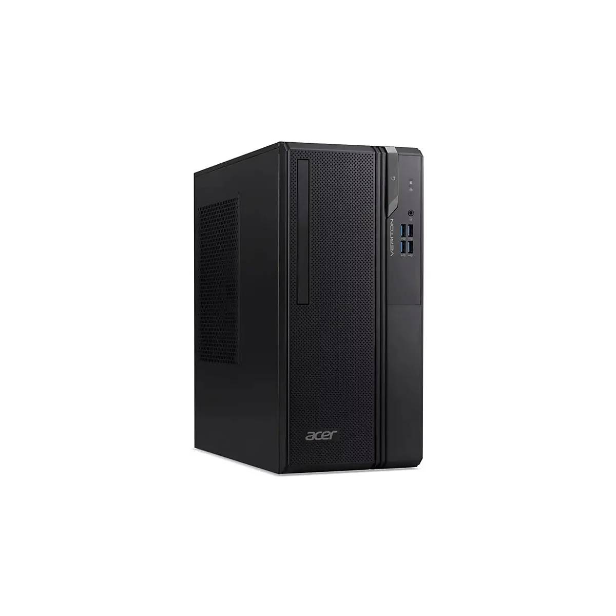 Ein schwarzer Acer Veriton PC-Tower auf weißem Hintergrund. Der Tower ist im Detail erkennbar, mit 'Acer' und 'Veriton' Schriftzügen.
