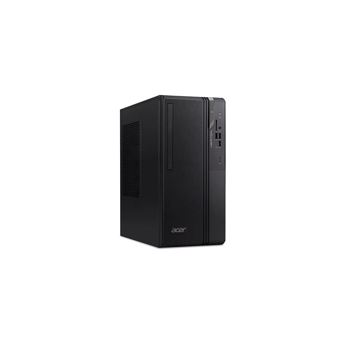 Schwarzer Acer Veriton Desktop-PC Tower mit perforierter Frontblende vor weißem Hintergrund.