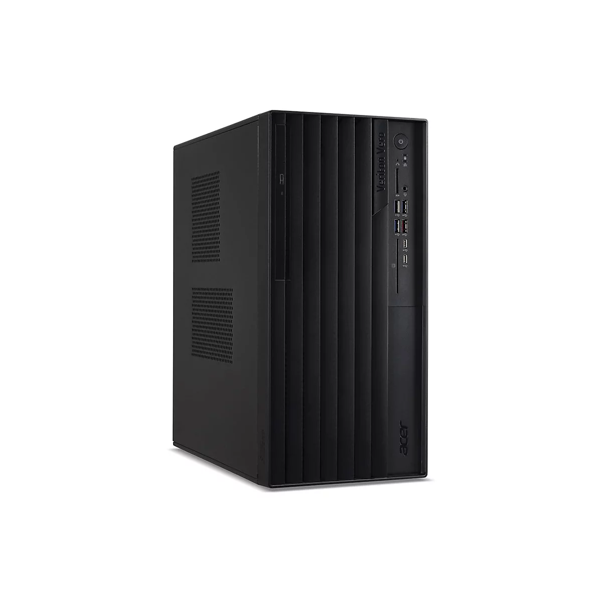 Ein schwarzer Acer-Desktop-PC, Vorderansicht. Oben steht "Veriton Vero", darunter befinden sich USB-Anschlüsse und ein Einschaltknopf. Das Acer-Logo befindet sich unten.