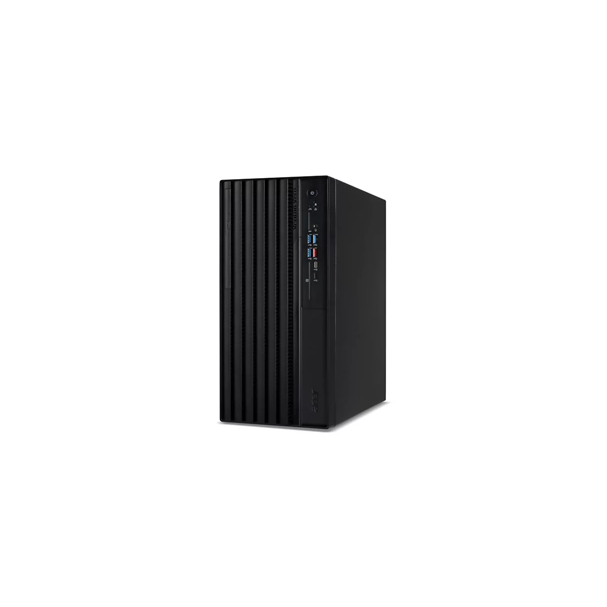 Schwarzer PC-Tower mit Acer-Logo und verschiedenen Anschlüssen an der Vorderseite.