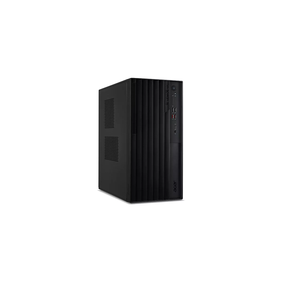 Schwarzer PC-Tower, Vorderseite mit Vertikalstreifen, Acer-Logo.