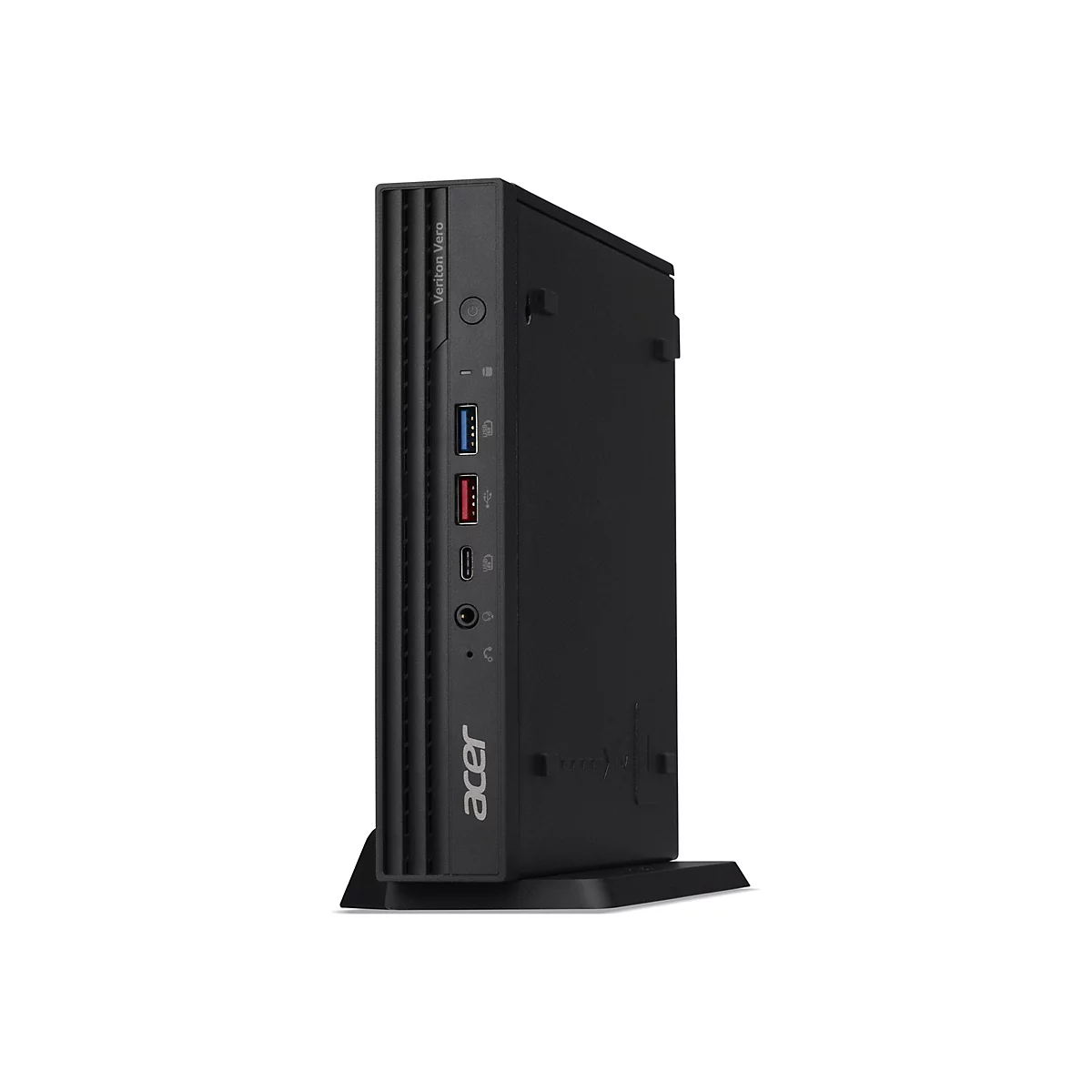 Ein schwarzer Acer Veriton Vero Desktop-PC. Mit Anschlüssen für USB, Audio, Video.