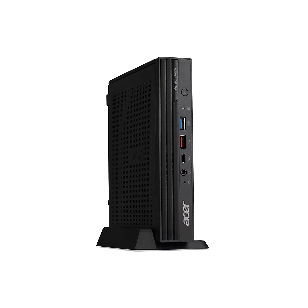 Schwarzer Acer Veriton Vero Desktop-PC, aufrecht auf einem Ständer, vor weißem Hintergrund.