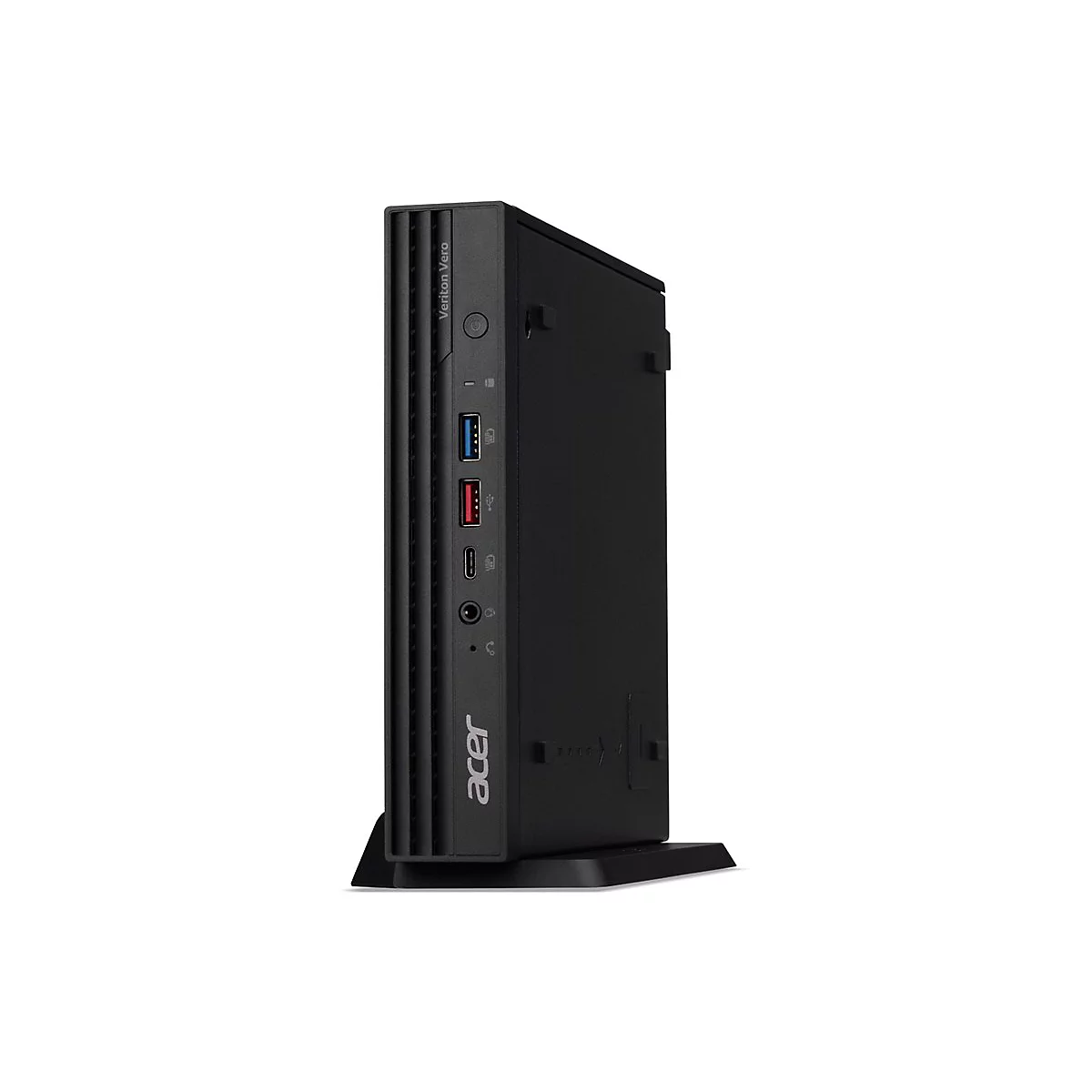 Schwarzer Acer Desktop-PC, aufrecht stehend, mit Verizon Vero Aufdruck. Vorderseite mit USB-Anschlüssen und Kopfhöreranschluss.