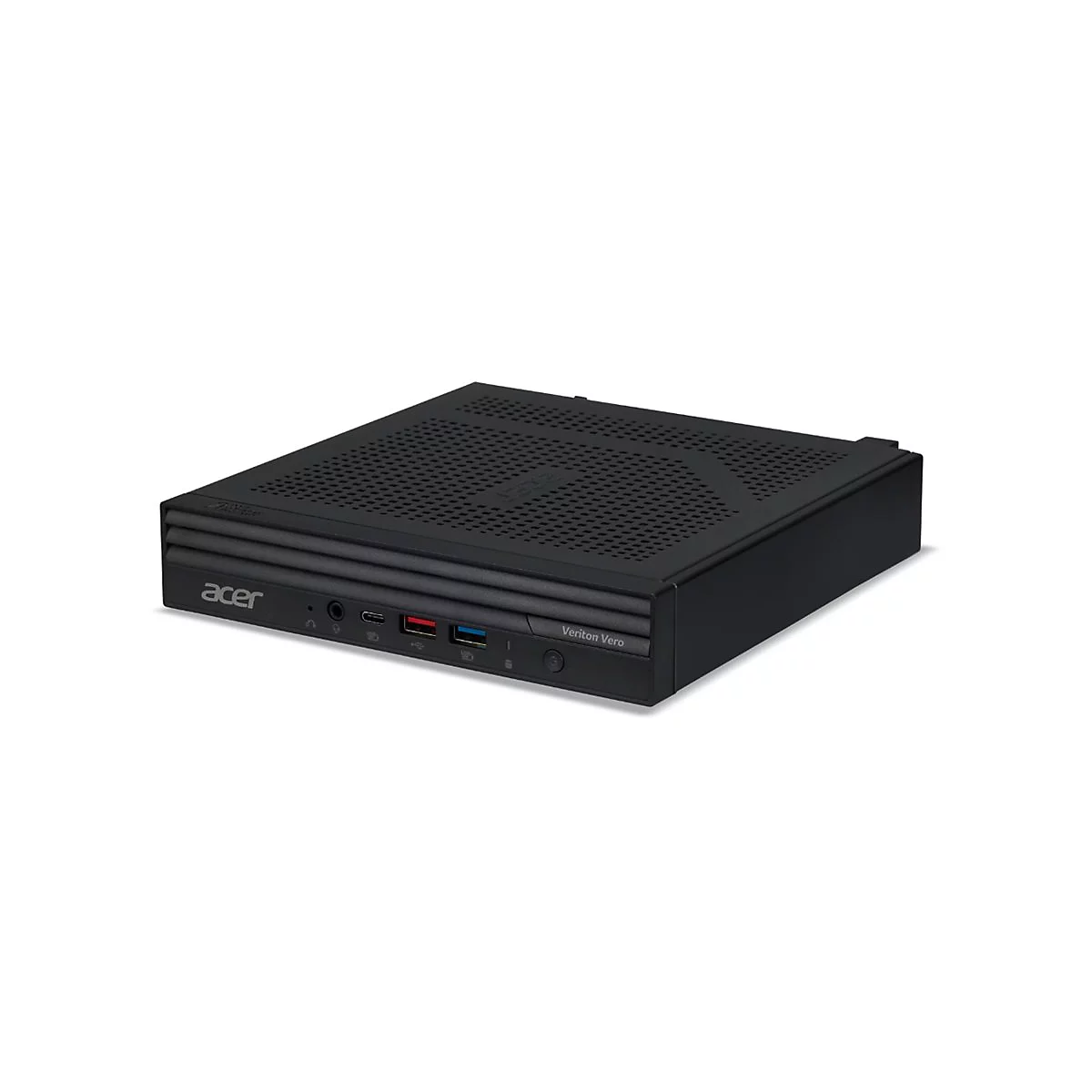 Schwarzer Acer Veriton Vero Mini-PC. Auf der Vorderseite: Acer-Logo, Anschlüsse. Oben: Lüftungslöcher, Schriftzug.