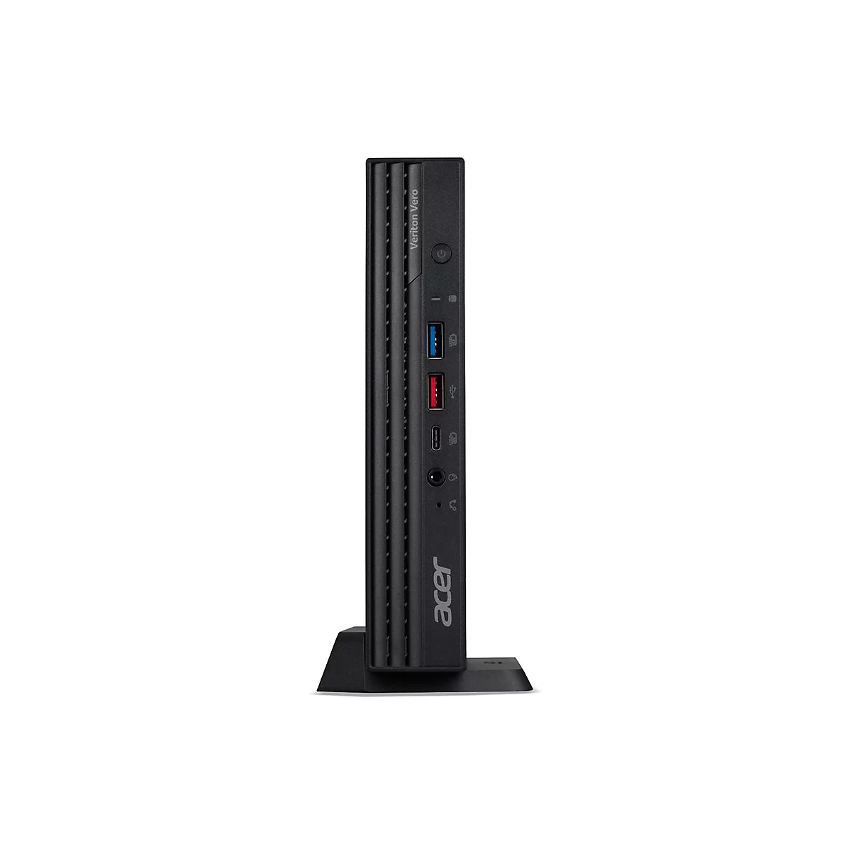 Schwarzer Acer Desktop-PC, aufrecht stehend. Auf der Seite befinden sich Anschlüsse und das Verizon Vero-Logo. Das Gerät steht auf einem schwarzen Fuß.