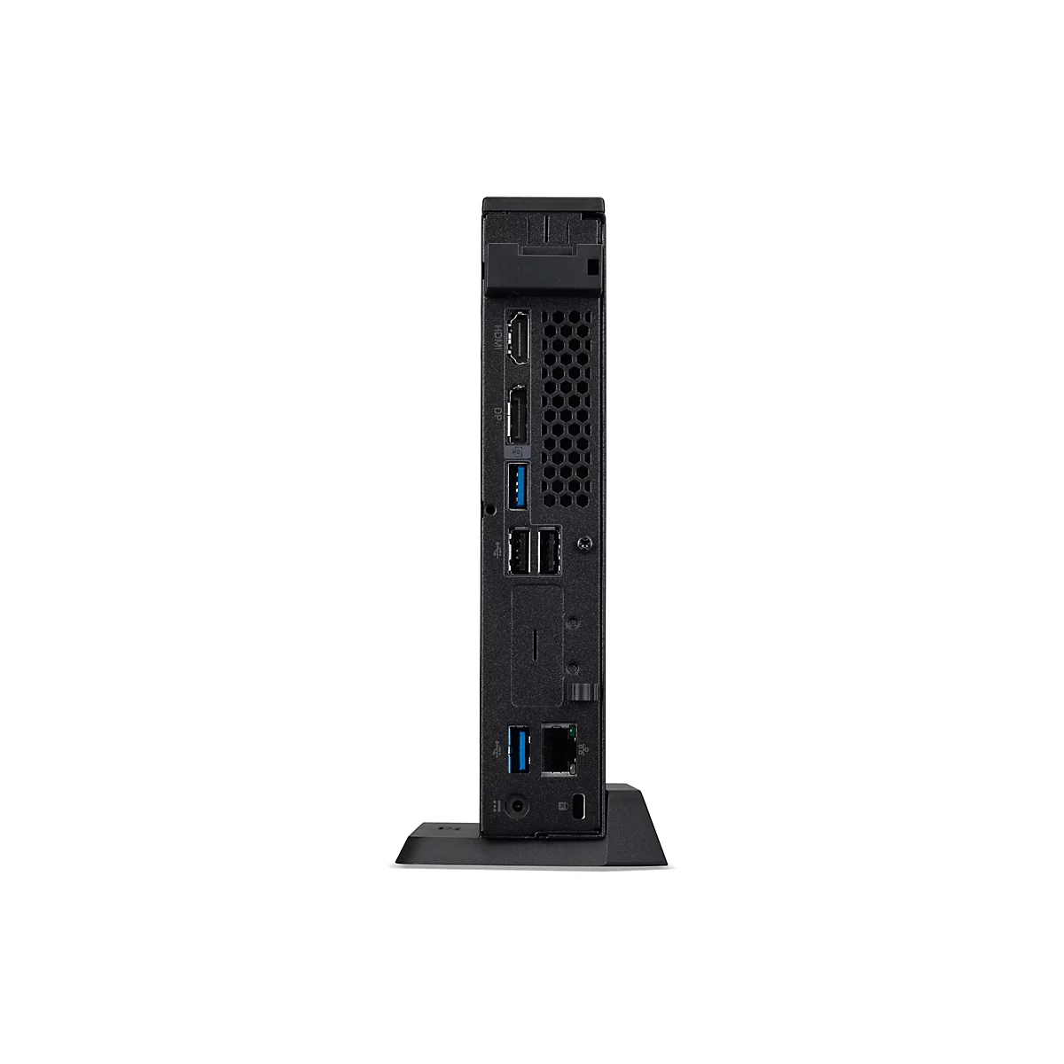 Schwarzer Mini-PC im Hochformat, auf Ständer. Sichtbar sind Anschlüsse für HDMI, DisplayPort, USB und Netzwerk.