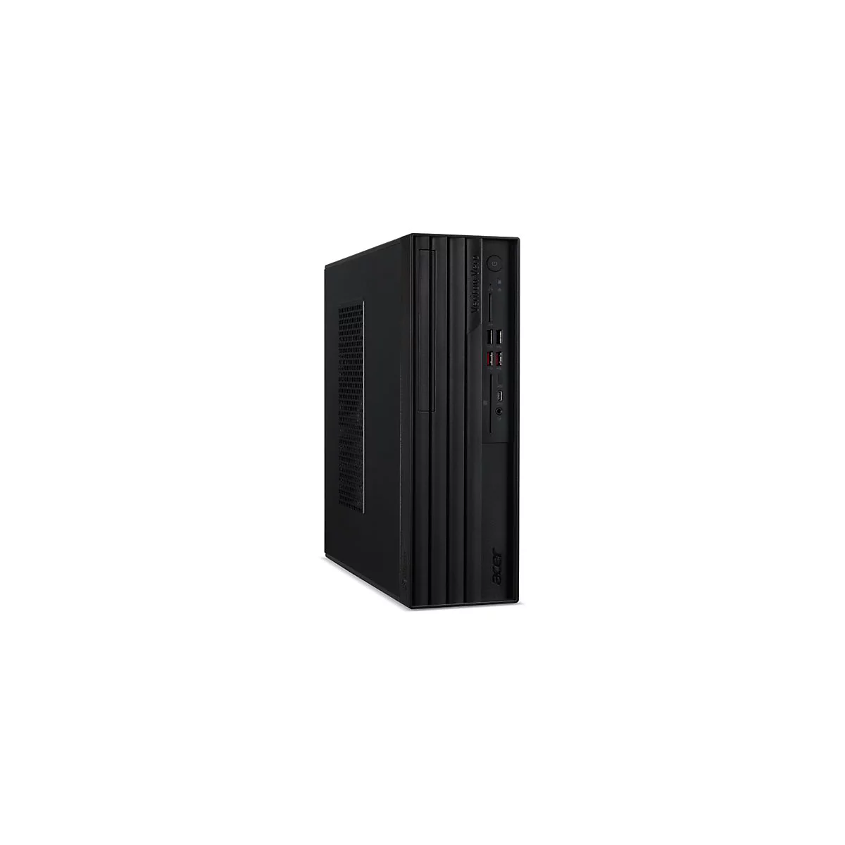 Ein schwarzer Acer Desktop-PC, auf weißem Hintergrund. Die Vorderseite zeigt USB-Anschlüsse, einen Einschaltknopf und den Acer-Schriftzug.