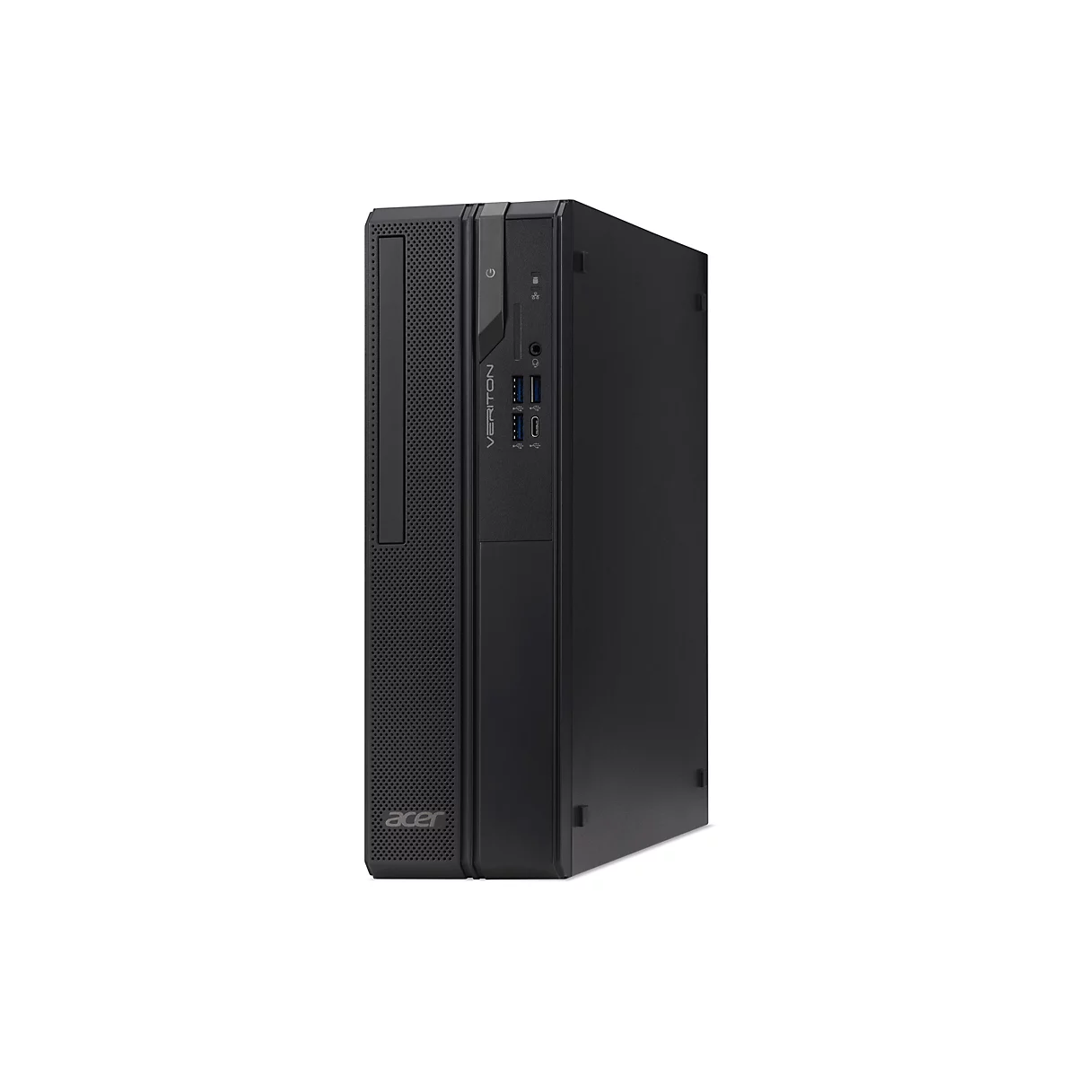 Schwarzer PC-Tower von Acer, Frontansicht auf weiÃŸem Hintergrund. Unten das Acer-Logo, oben AnschlÃ¼sse.