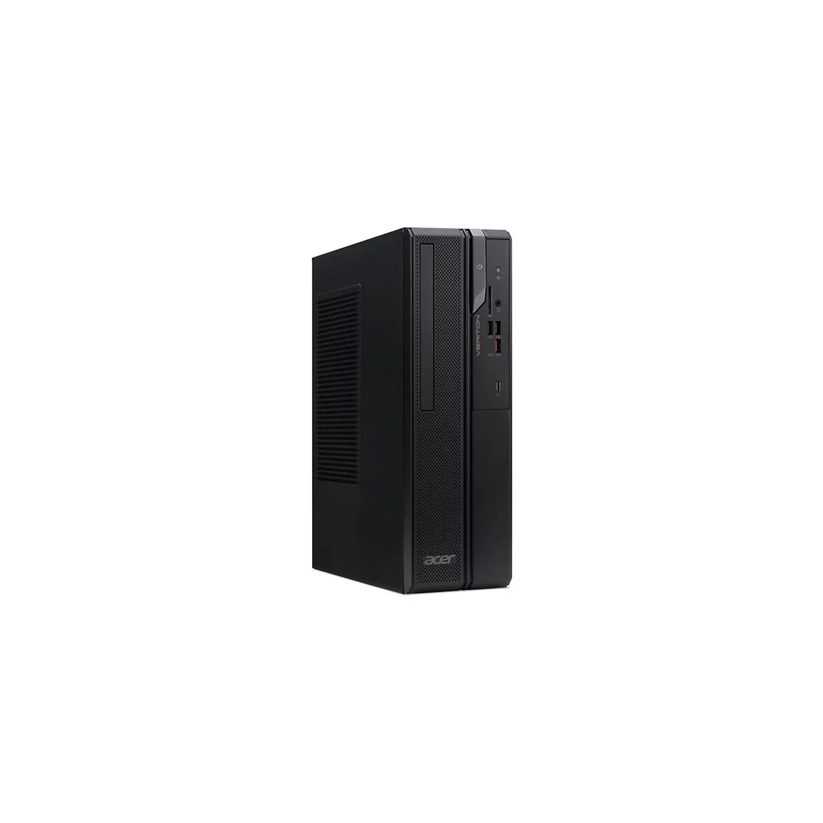 Schwarzer PC-Tower, vorne: Tasten, Anschlüsse, Logo "VERITON".