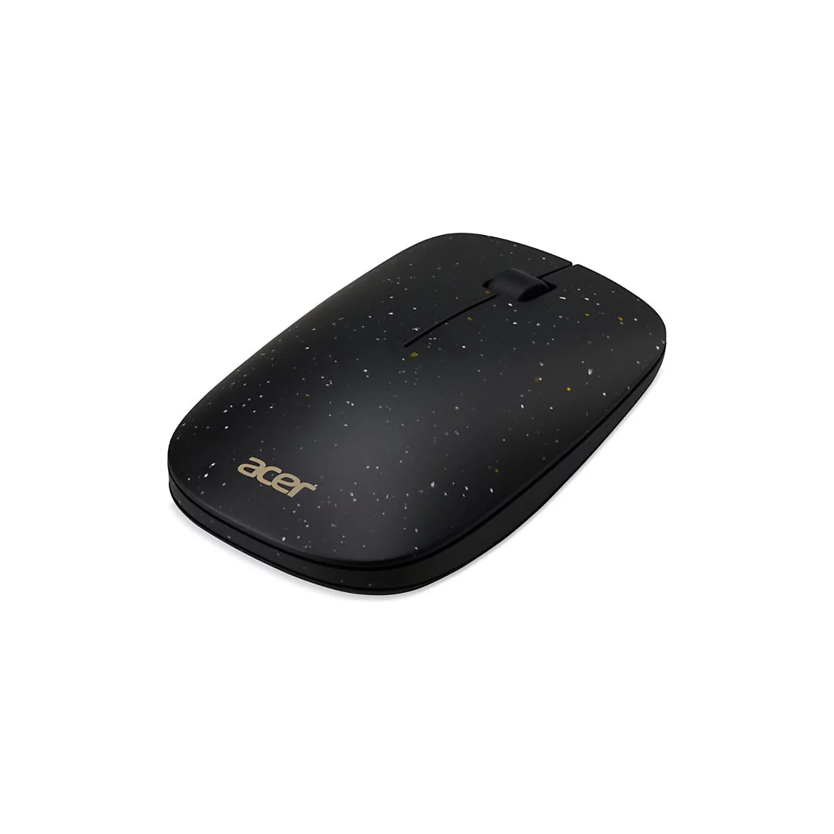 Schwarze kabellose Acer-Maus mit gesprenkeltem Design und goldenem Logo auf weißem Hintergrund.