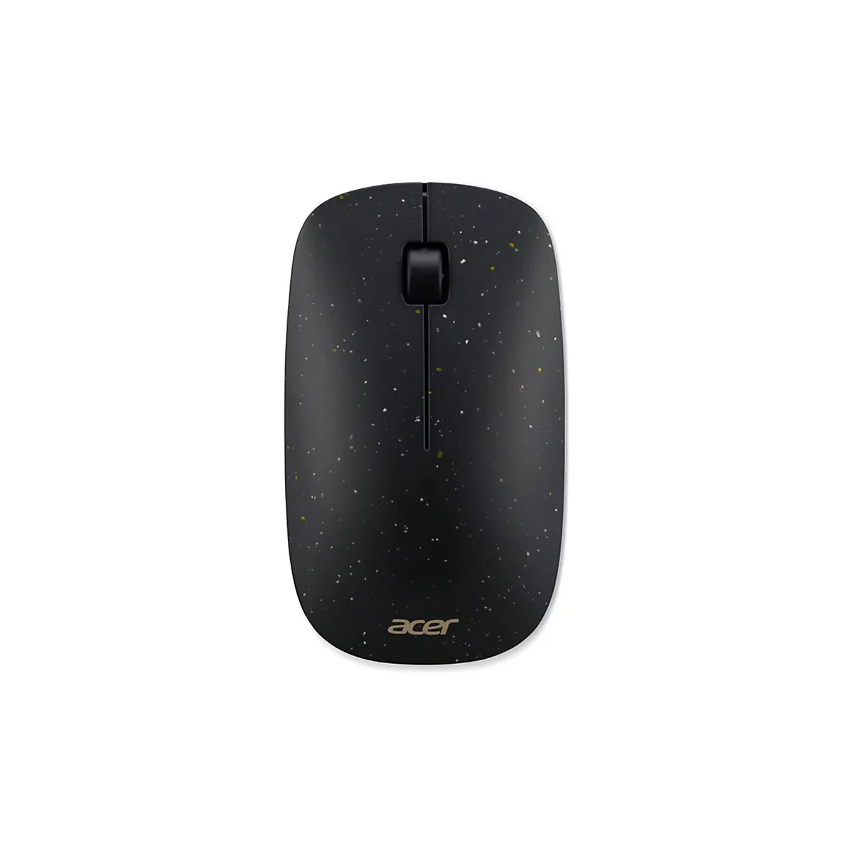 Schwarze kabellose Acer-Maus mit gesprenkeltem Muster auf weißem Hintergrund.