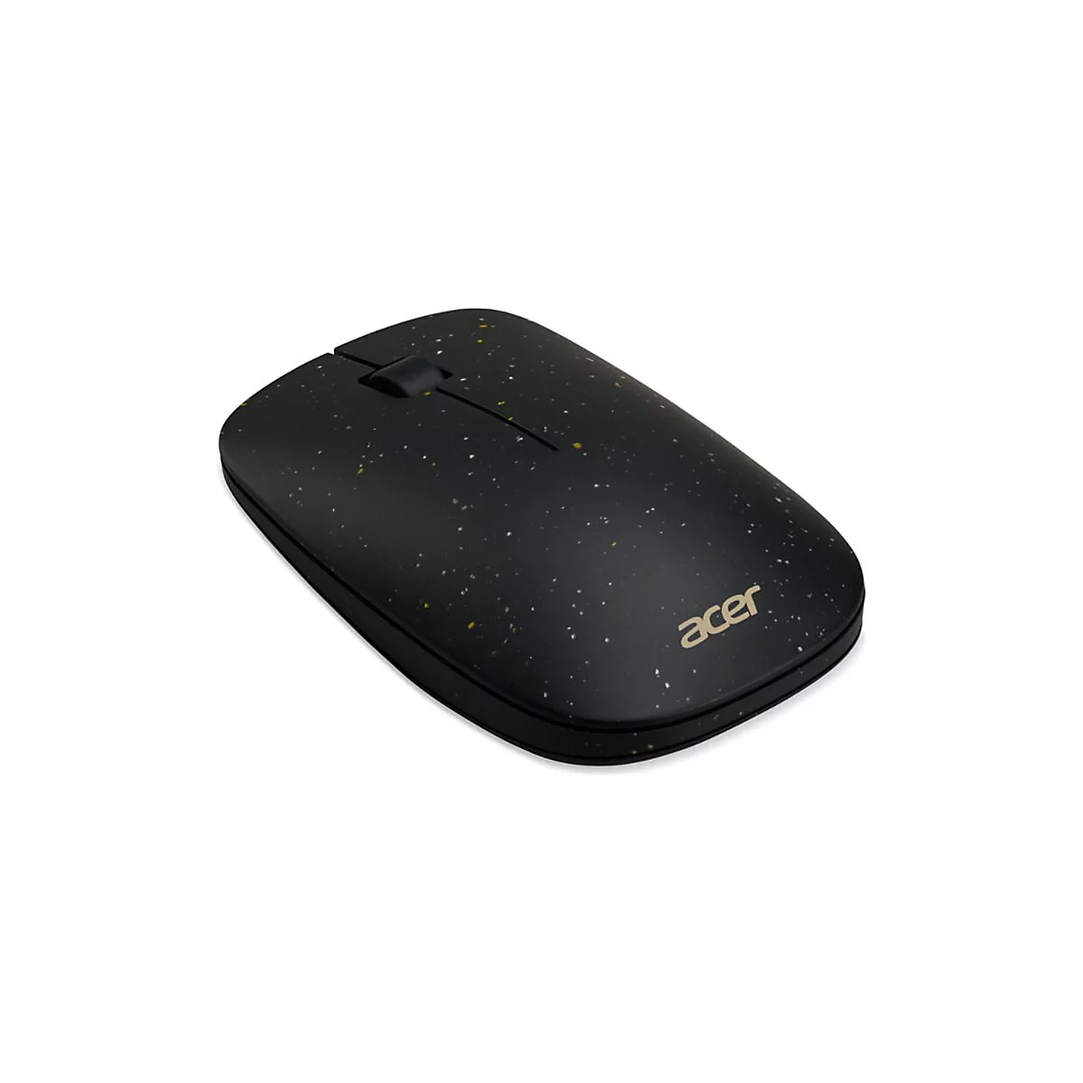 Schwarze kabellose Acer-Maus mit gesprenkeltem Design und goldenem Logo auf weißem Hintergrund.