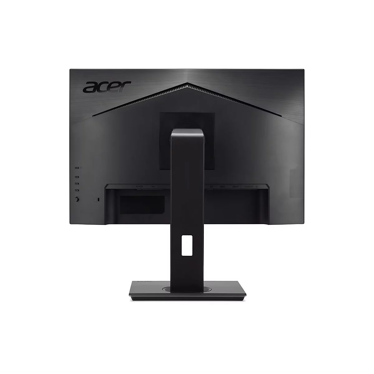 Rückseite eines schwarzen Acer-Monitors mit Standfuß vor weißem Hintergrund.