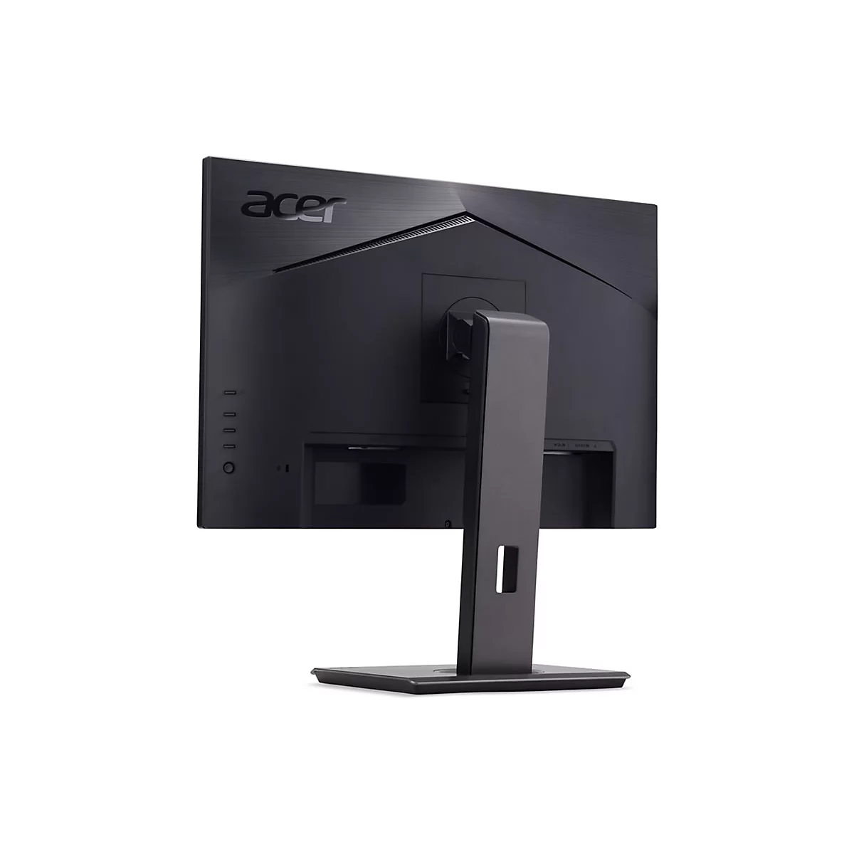 Rückseite eines schwarzen Acer-Monitors mit Standfuß vor weißem Hintergrund.