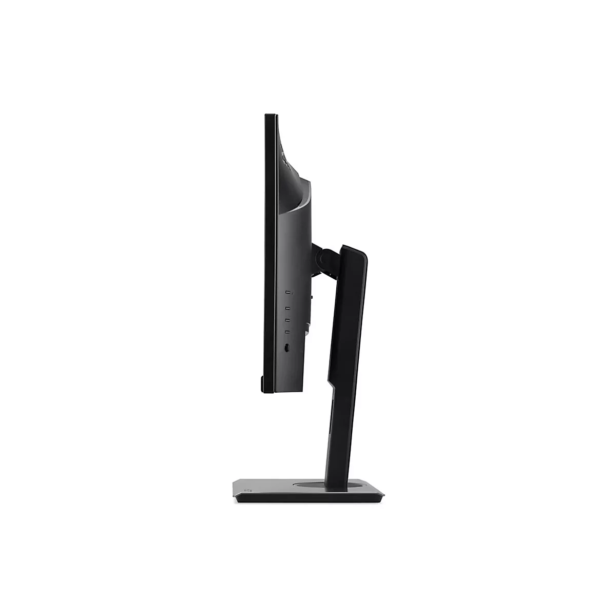 Seitliche Ansicht eines schwarzen Computerbildschirms mit Standfuß auf weißem Hintergrund.