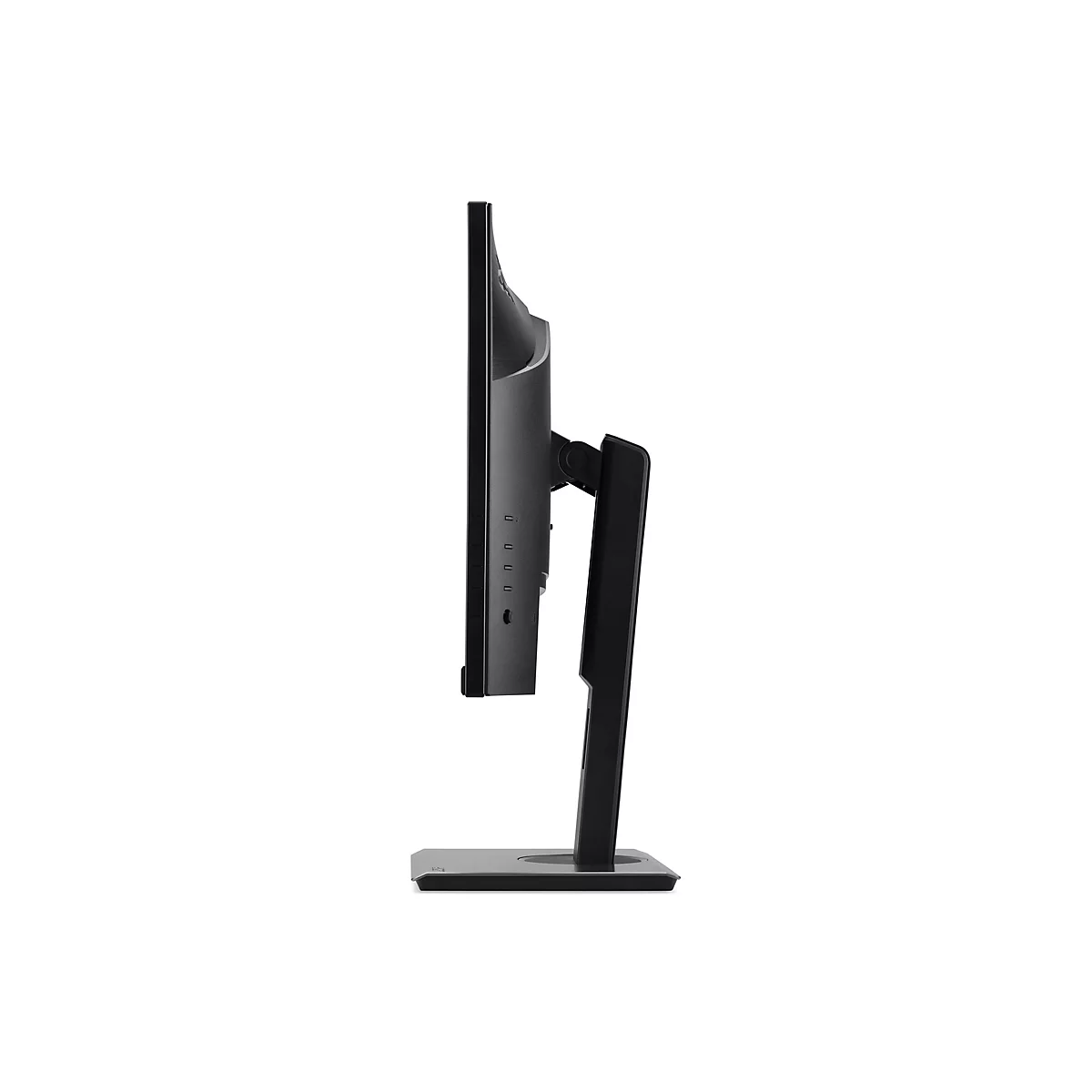 Seitliche Ansicht eines schwarzen PC-Monitors mit schmalem Rahmen auf einem stabilen, verstellbaren Standfuß.