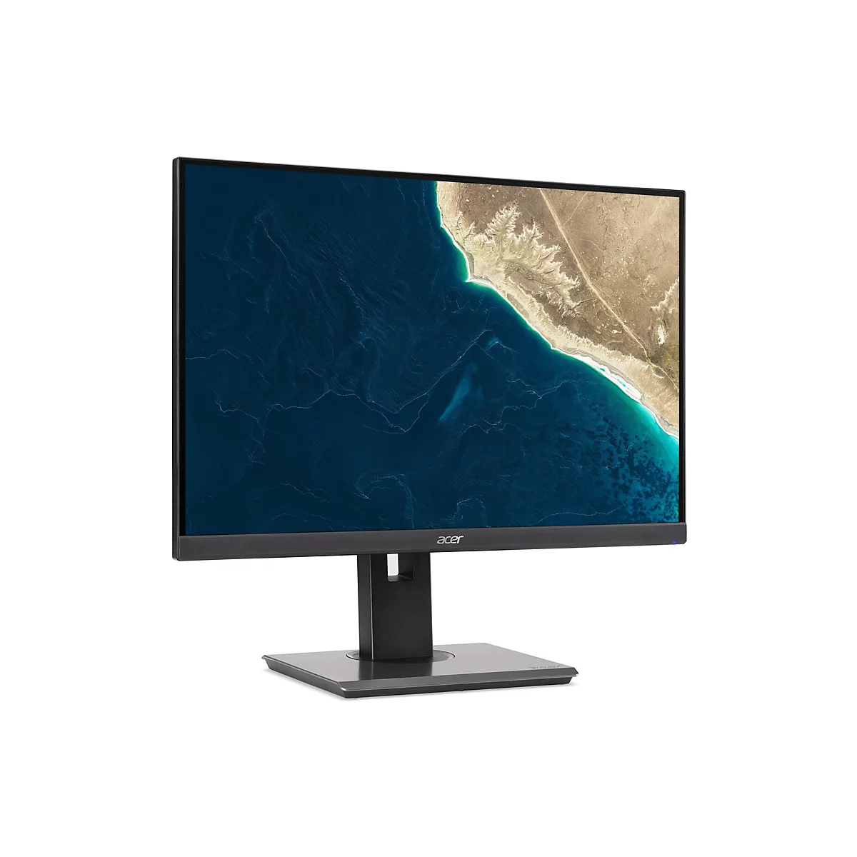 Schwarzer Acer Monitor mit dünnem Rand und Landschaftsaufnahme auf dem Display vor weißem Hintergrund.