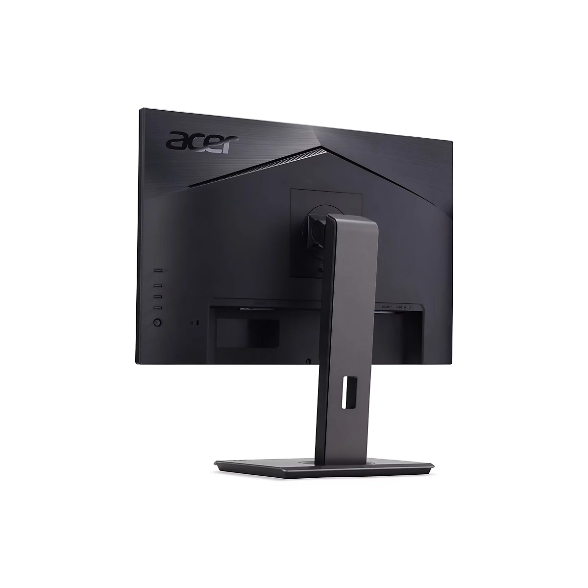 Rückseite eines schwarzen Acer-Computermonitors mit Standfuß vor weißem Hintergrund.