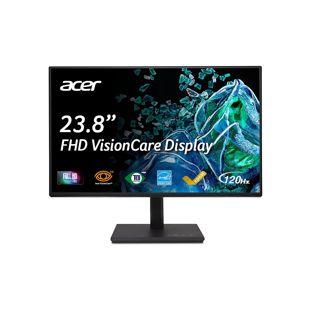 Acer 23,8-Zoll FHD VisionCare Monitor mit 120Hz vor schwarzem Hintergrund mit Eiskristallgrafik.